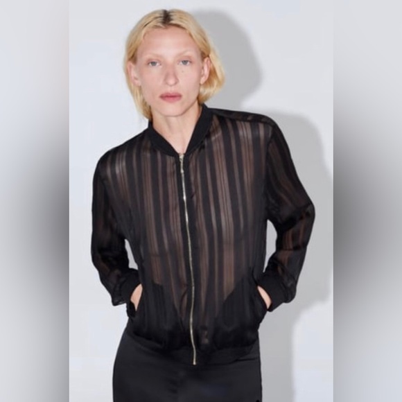 Zara Sheer Multi Stripe Organza Bomber Jacket Front Zip Ribbed Neck & Cuffs - Picture 10 of 11